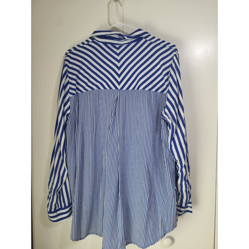 Jane & Delancey Women's XL Blue White Striped Button Down Shirt Coastal Beach - Picture 2 of 7